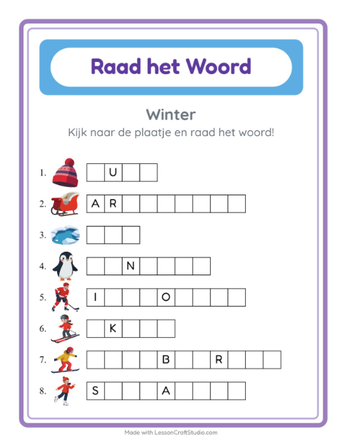 Voorbeeld van het Woord Raden-werkblad met Winter voor kleuterklas