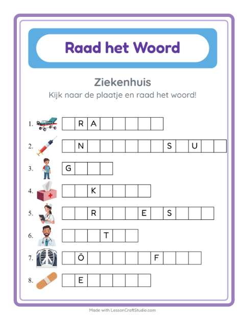 Voorbeeld van het Woord Raden-werkblad met Ziekenhuis voor kleuterklas