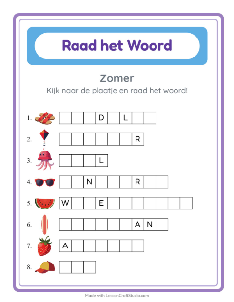 Voorbeeld van het Woord Raden-werkblad met Zomer voor kleuterklas