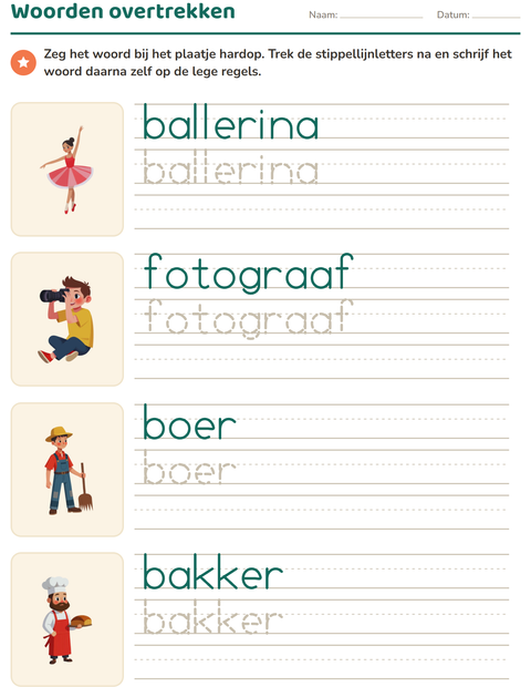 Voorbeeld van het Woorden overtrekken-werkblad met Beroepen voor kleuterklas