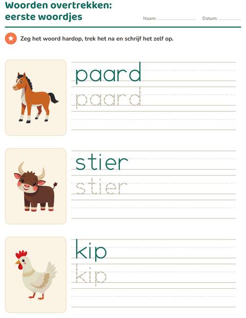 Voorbeeld van het Woorden overtrekken-werkblad met Boerderijdieren voor kleuterklas