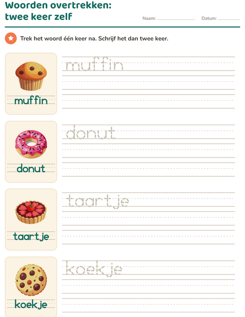 Voorbeeld van het Woorden overtrekken-werkblad met Desserts en snoep voor kleuterklas