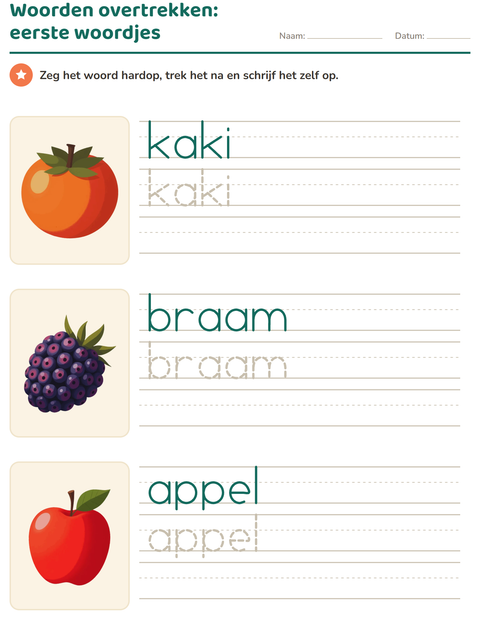 Voorbeeld van het Woorden overtrekken-werkblad met Fruit voor kleuterklas
