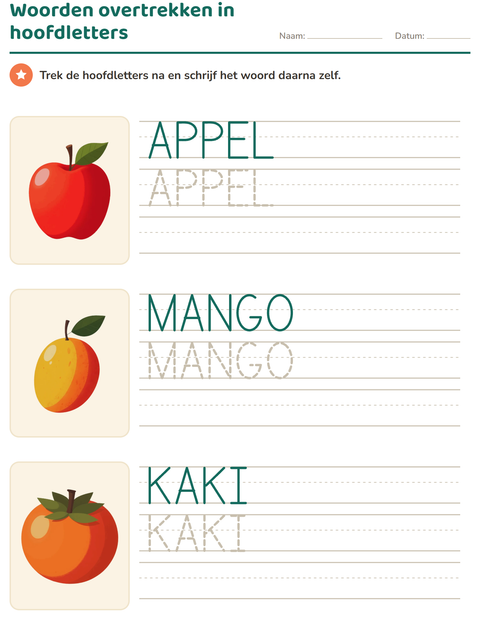 Woorden overtrekken in hoofdletters: fruitwoorden in blokletters