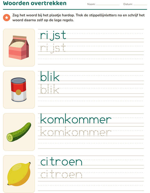 Voorbeeld van het Woorden overtrekken-werkblad met In de supermarkt voor kleuterklas