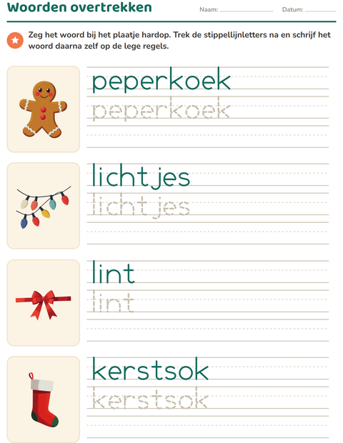 Voorbeeld van het Woorden overtrekken-werkblad met Kerstmis voor kleuterklas