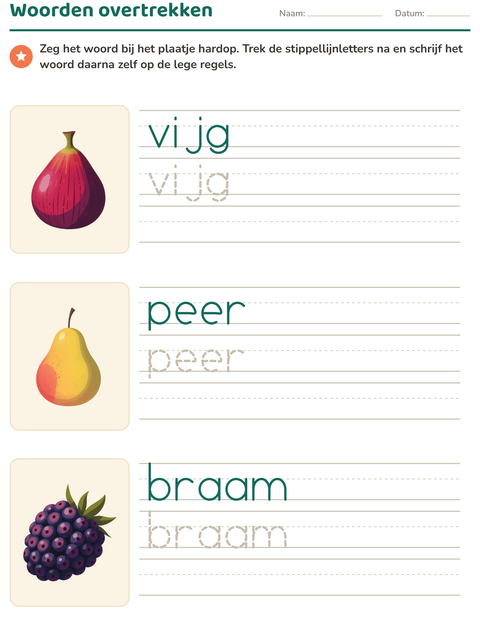 Voorbeeld van het Woorden overtrekken-werkblad met Fruit voor kleuterklas