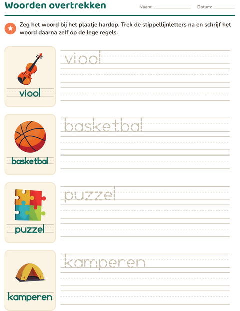 Voorbeeld van het Woorden overtrekken-werkblad met Activiteiten voor kleuterklas