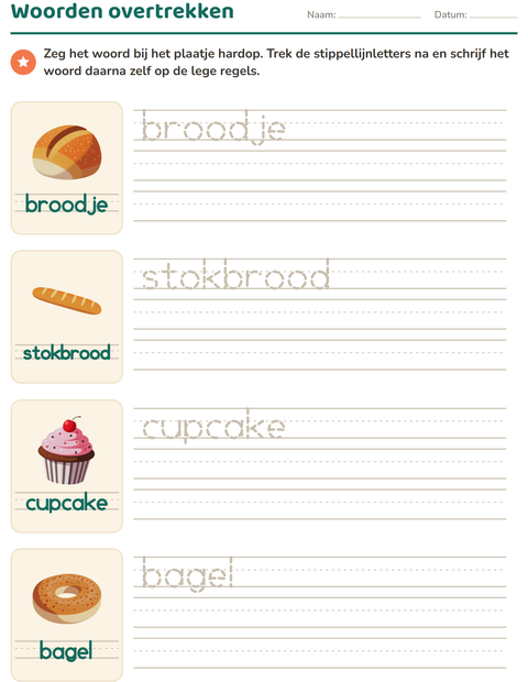 Voorbeeld van het Woorden overtrekken-werkblad met Bakkerij voor kleuterklas