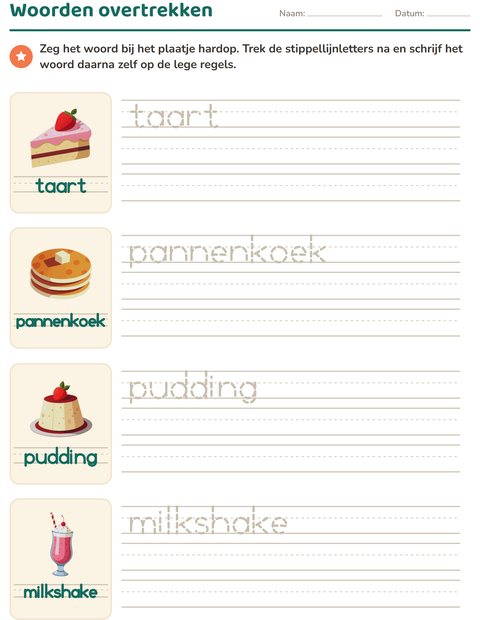 Voorbeeld van het Woorden overtrekken-werkblad met Desserts en snoep voor kleuterklas