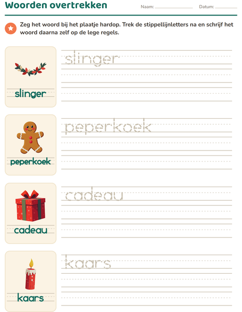 Voorbeeld van het Woorden overtrekken-werkblad met Kerstmis voor kleuterklas