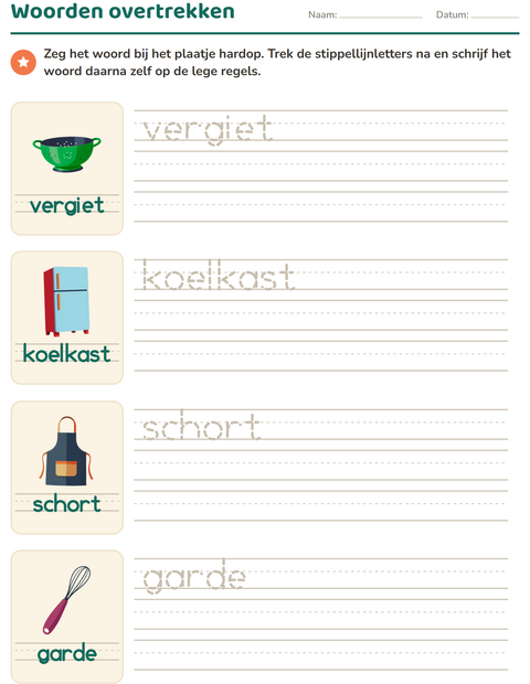 Voorbeeld van het Woorden overtrekken-werkblad met Keukengerei voor kleuterklas