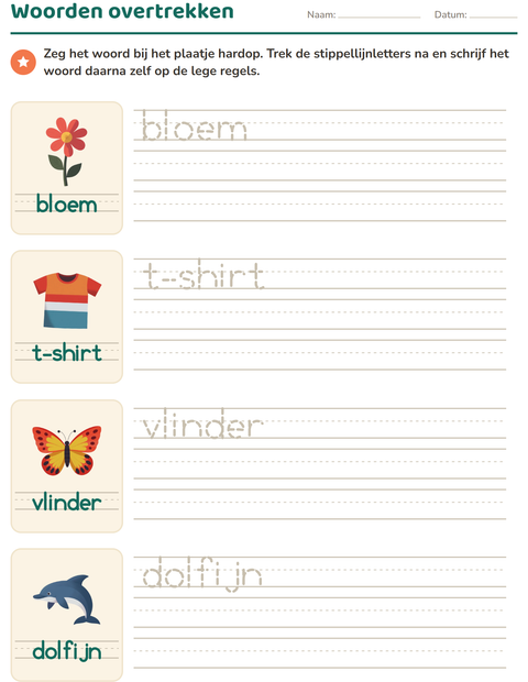 Voorbeeld van het Woorden overtrekken-werkblad met Zomer voor kleuterklas