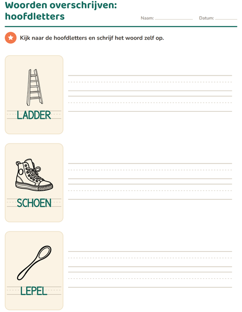 Voorbeeld van het Woorden overtrekken-werkblad met Objecten ZW voor kleuterklas