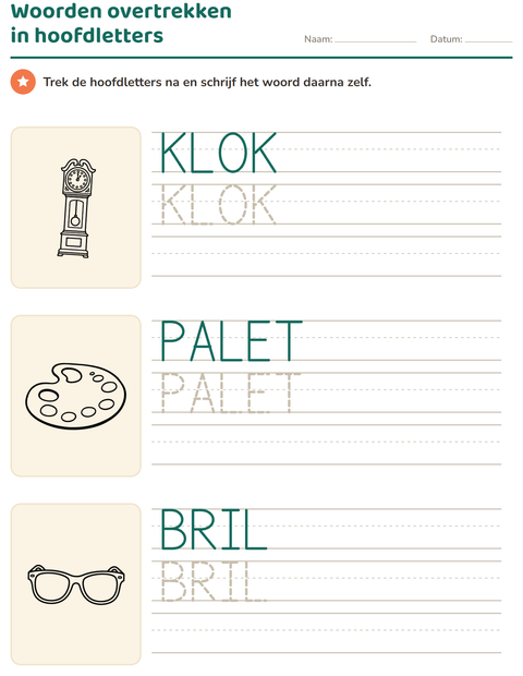Voorbeeld van het Woorden overtrekken-werkblad met Onderwijs ZW voor kleuterklas