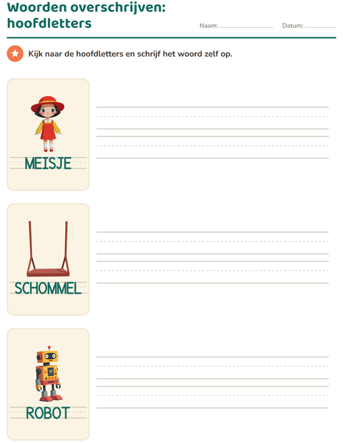 Voorbeeld van Woorden overschrijven in hoofdletters: kijken en zelf schrijven