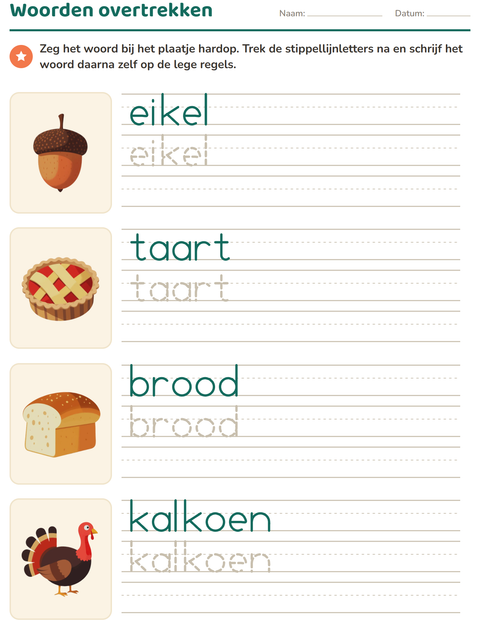 Voorbeeld van het Woorden overtrekken-werkblad met Thanksgiving voor kleuterklas