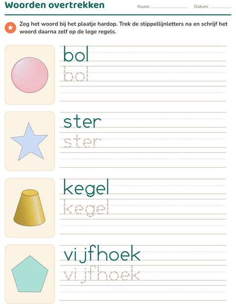 Voorbeeld van het Woorden overtrekken-werkblad met Vormen voor kleuterklas