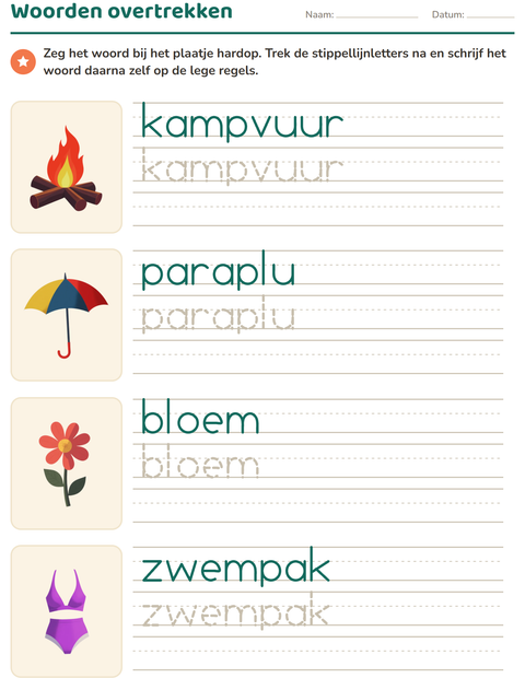 Voorbeeld van het Woorden overtrekken-werkblad met Zomer voor kleuterklas
