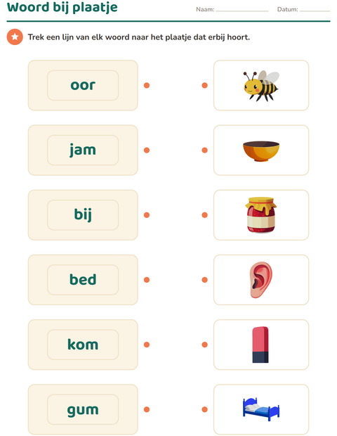 Voorbeeld van het Woordenschat-werkblad voor kleuterklas
