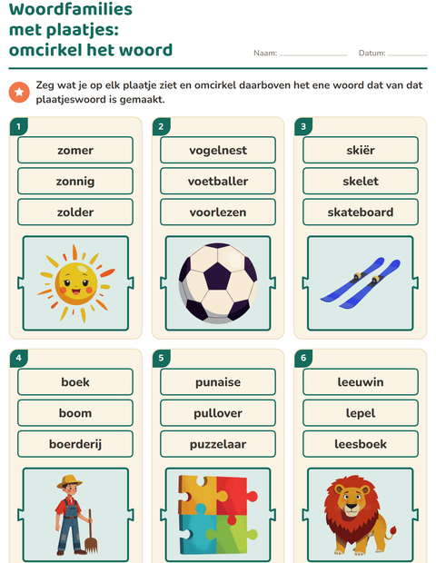 Voorbeeld van het Woordfamilies en voorvoegsels-werkblad voor groep 3