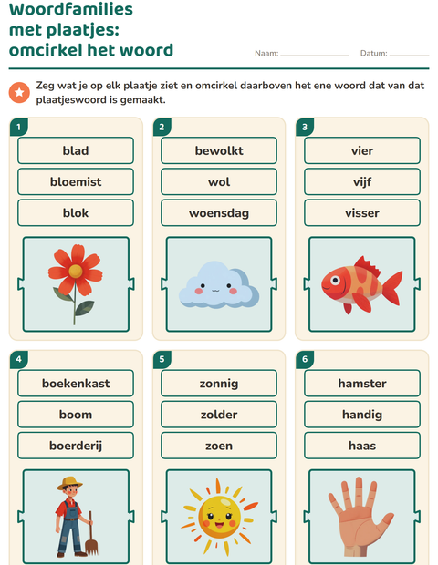 Woordfamilies met plaatjes: omcirkel het woord