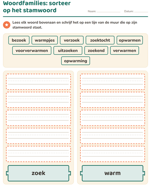 Voorbeeld van het Woordfamilies en voorvoegsels-werkblad voor groep 4
