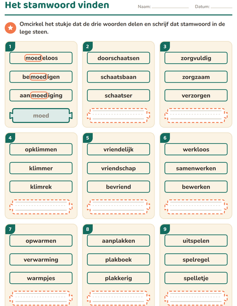 Voorbeeld van het Woordfamilies en voorvoegsels-werkblad voor groep 4
