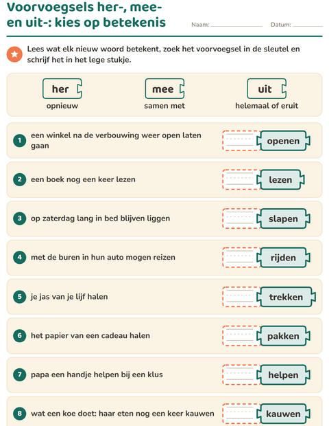 Voorbeeld van het Woordfamilies en voorvoegsels-werkblad voor groep 4