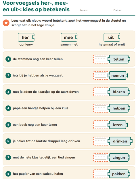Voorvoegsels her-, mee- en uit-: kies op betekenis