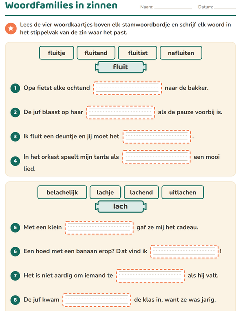 Voorbeeld van het Woordfamilies en voorvoegsels-werkblad voor groep 5