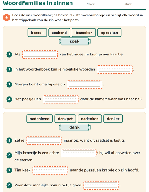 Voorbeeld van het Woordfamilies en voorvoegsels-werkblad voor groep 5