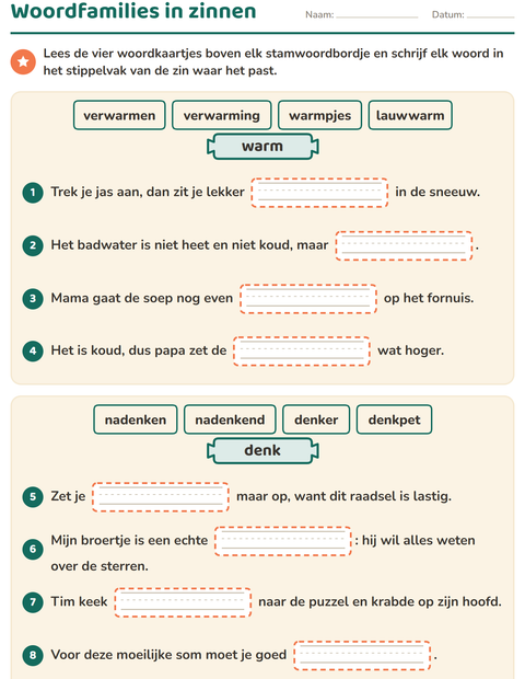 Voorbeeld van het Woordfamilies en voorvoegsels-werkblad voor groep 5