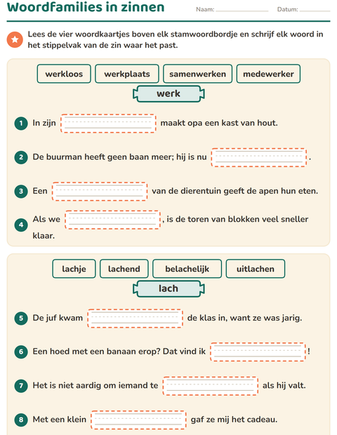 Voorbeeld van het Woordfamilies en voorvoegsels-werkblad voor groep 5