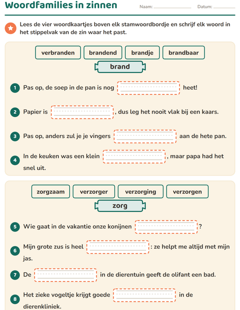 Voorbeeld van Woordfamilies in zinnen