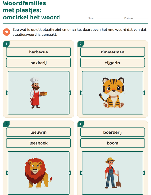 Voorbeeld van het Woordfamilies en voorvoegsels-werkblad voor groep 3