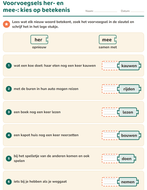 Voorbeeld van het Woordfamilies en voorvoegsels-werkblad voor groep 4