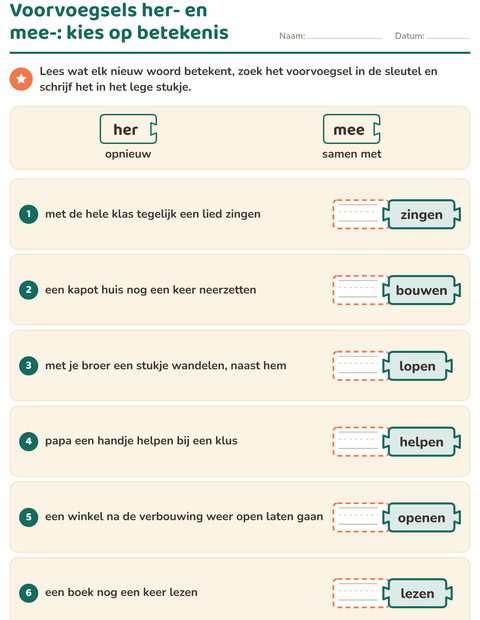 Voorbeeld van het Woordfamilies en voorvoegsels-werkblad voor groep 4
