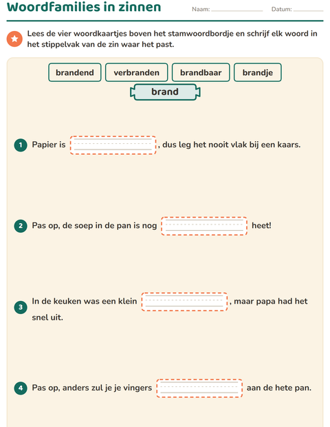 Voorbeeld van het Woordfamilies en voorvoegsels-werkblad voor groep 5