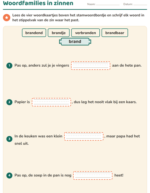 Voorbeeld van het Woordfamilies en voorvoegsels-werkblad voor groep 5