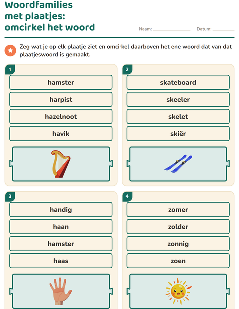 Voorbeeld van het Woordfamilies en voorvoegsels-werkblad voor groep 3