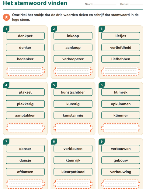 Voorbeeld van het Woordfamilies en voorvoegsels-werkblad voor groep 4