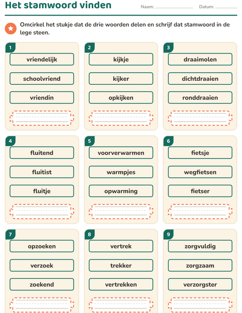 Voorbeeld van het Woordfamilies en voorvoegsels-werkblad voor groep 4