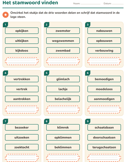 Voorbeeld van het Woordfamilies en voorvoegsels-werkblad voor groep 4