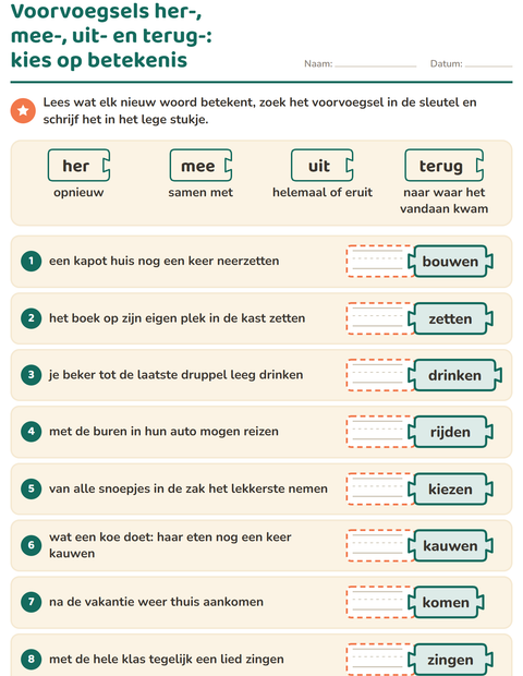 Voorbeeld van het Woordfamilies en voorvoegsels-werkblad voor groep 4