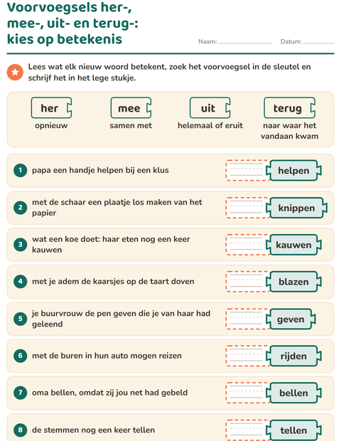 Voorbeeld van het Woordfamilies en voorvoegsels-werkblad voor groep 4