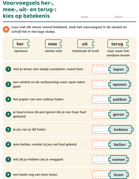 Voorbeeld van het Woordfamilies en voorvoegsels-werkblad voor groep 4