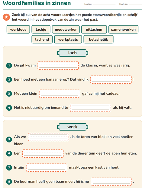 Voorbeeld van het Woordfamilies en voorvoegsels-werkblad voor groep 5