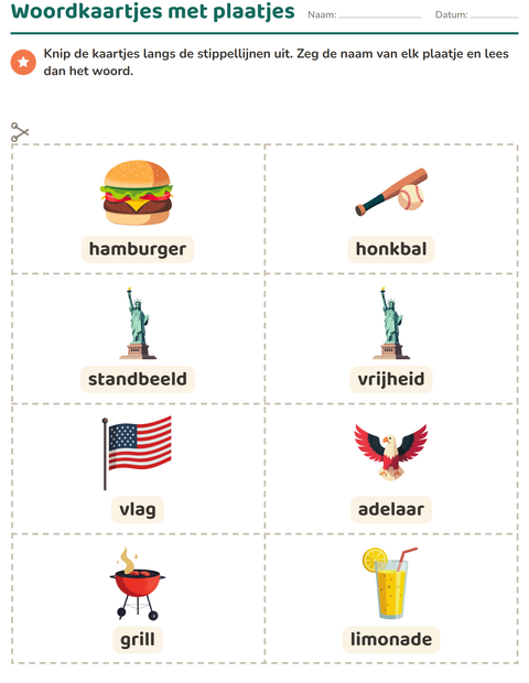Voorbeeld van het Woordkaartjes-werkblad met 4 juli voor kleuterklas