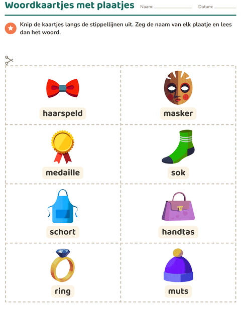 Voorbeeld van het Woordkaartjes-werkblad met Accessoires voor kleuterklas